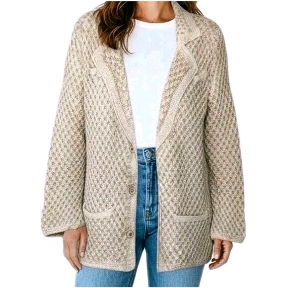 Hand Knit Handmade Sweater Blazer Cardigan Womens Size M Tan Cream Pockets NEW - Picture 1 of 16